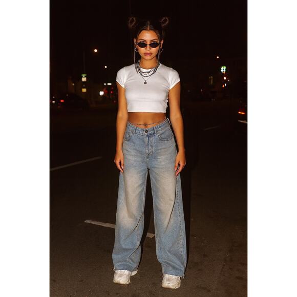 ME+EM Baggy Wide Leg Jeans Soft Denim Dirty Wash Light Blue 26 Frayed Hem - Picture 1 of 10